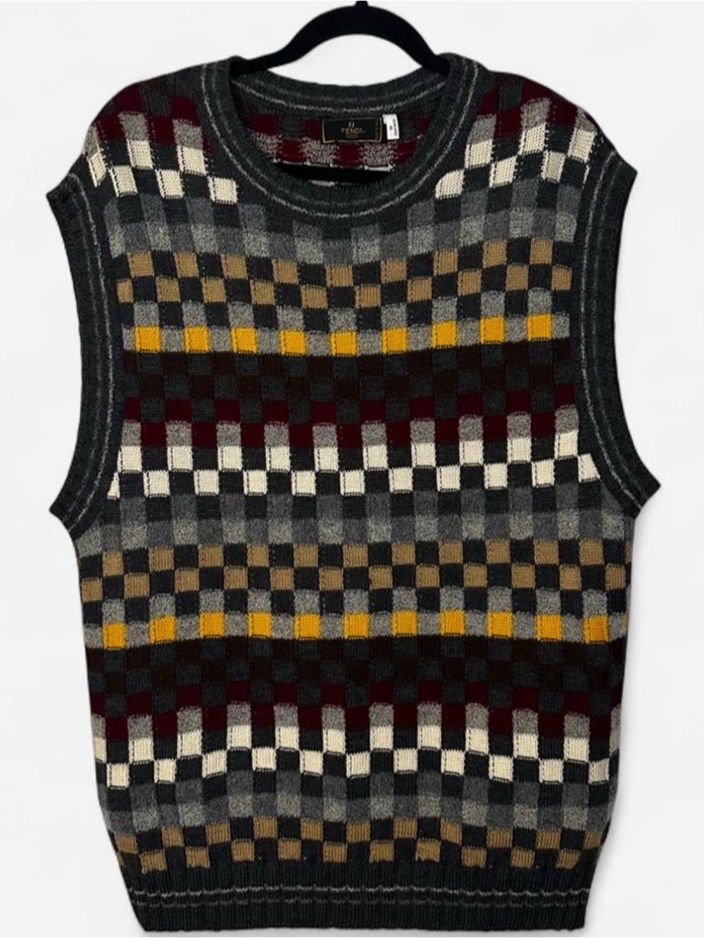 Fendi Men's Checker Knit Crewneck Vest - Gray, Burgundy, Yellow, Cream
